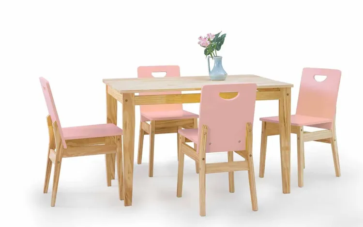 MESA DE JANTAR 4 CADEIRAS TUCUPI 120CM ACABAMENTO STAIN NATURAL E ROSA BEBÊ