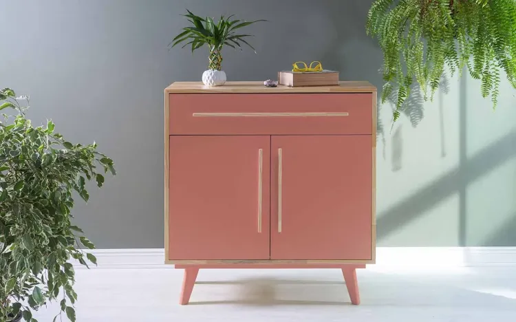 BALCÃO COM GAVETA E 2 PORTAS CELESTE NATURAL E ROSA CORAL 90X40X98 CM