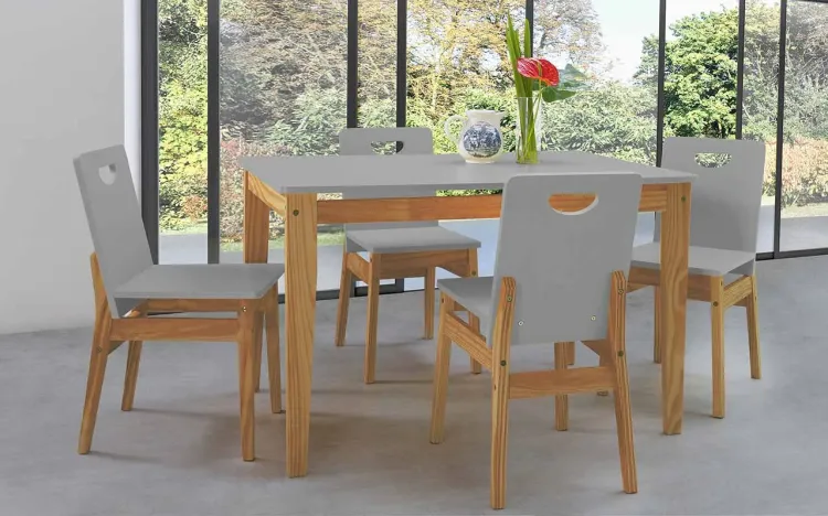 MESA COM 4 CADEIRAS DE JANTAR TUCUPI 120CM ACABAMENTO STAIN NÓZES E CINZA CONCRETO
