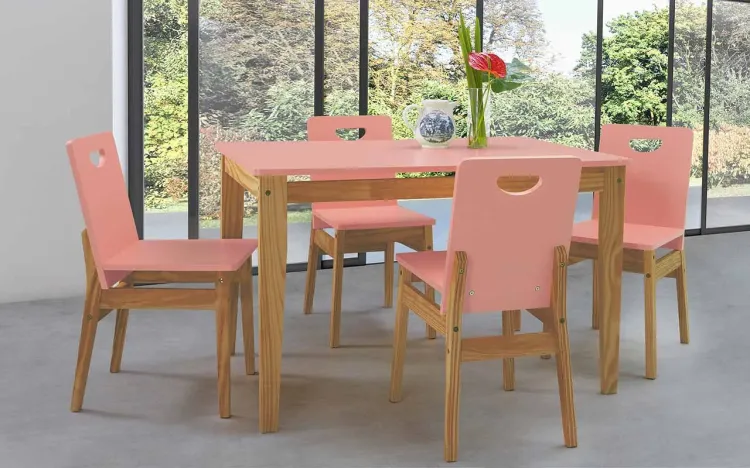 SALA DE JANTAR COM MESA E 4 CADEIRAS TUCUPI 120CM ACABAMENTO STAIN NÓZES E ROSA CORAL