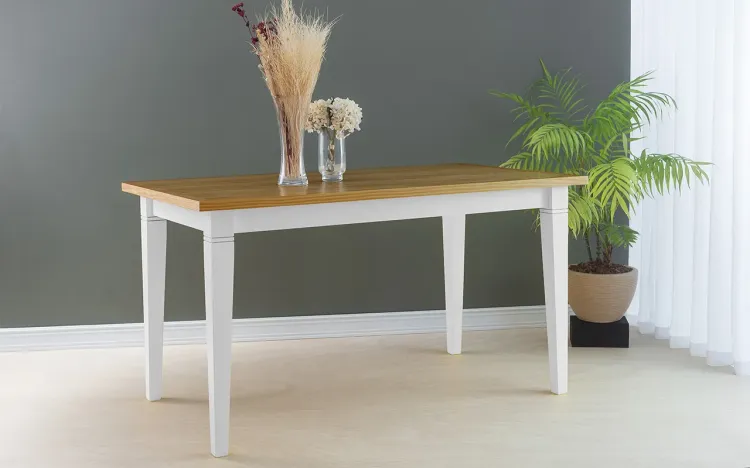 MESA PARA JANTAR RETANGULAR DE MADEIRA FRISO 140X80X75 CM TAMPO NÓZES PÉS LACA BRANCO
