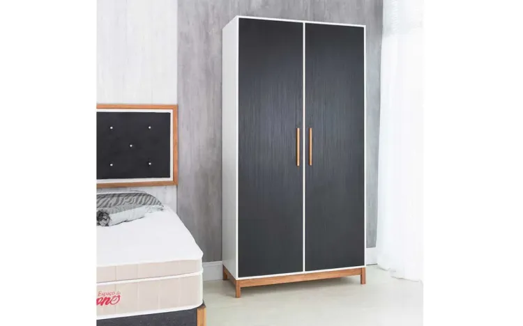 GUARDA-ROUPA SOLTEIRO ARMÁRIO 2 PORTAS MDF BRANCO PRETO E MADEIRA MACIÇA MOORE - 104,6x53x198,5 CM