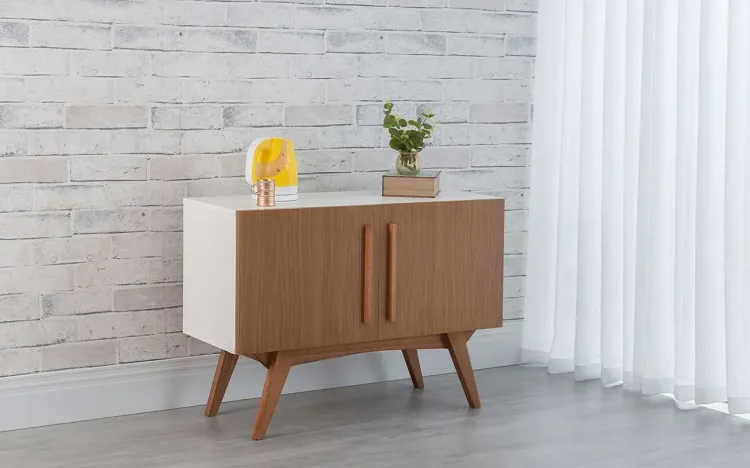 BALCÃO BUFFET PARA SALA DE JANTAR 2 PORTAS DOLORES BRANCO COM FREIJÓ E JATOBÁ 90x35x64,7 CM
