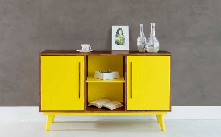 ARMÁRIO PÉS PALITO COM PRATELEIRA E 2 PORTAS CELESTE CAPUCCINO E AMARELO 133X40X79,5 CM