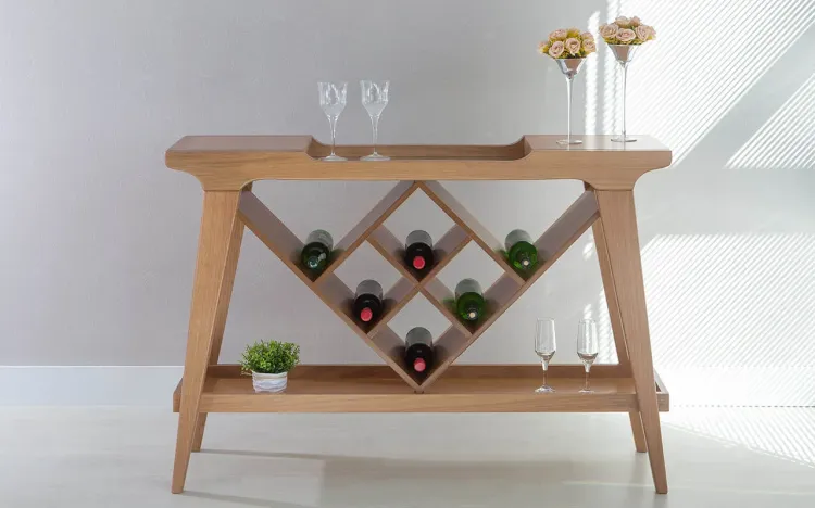 APARADOR BAR ADEGA GOURMET MADEIRA MACIÇA COM TAMPO ESPELHADO PUBI VERNIZ AMÊNDOA 130X33X90CM 