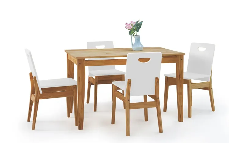 CONJUNTO DE MESA DE JANTAR COM 4 CADEIRAS TUCUPI ACABAMENTO NOZES E LACA BRANCO 120CM