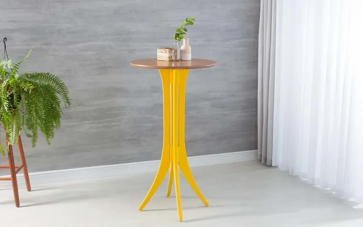 MESA ALTA GOURMET DE MADEIRA MACIÇA REDONDA JULIETTE 60x60X107CM JATOBÁ E AMARELO