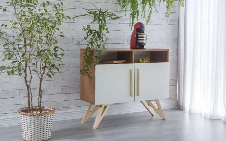 BUFFET PARA SALA DE JANTAR RETRÔ/VINTAGE MADEIRADO MDF DUAS PORTAS BRANCAS COM NICHOS FREIJÓ FREDDIE 90x35x79 CM