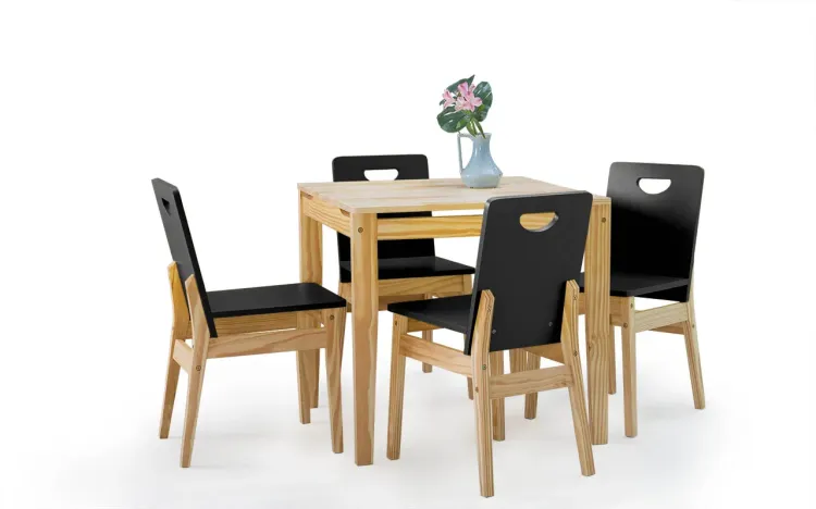 CONJUNTO DE MESA DE JANTAR COM 4 CADEIRAS TUCUPI ACABAMENTO NATURAL E LACA PRETO 80CM