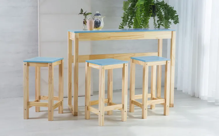 CONJUNTO GOURMET DE MADEIRA TAEDA COM TAMPO MDF MACIÇO OLGA VERNIZ NATURAL E AZUL BEBÊ 120CM