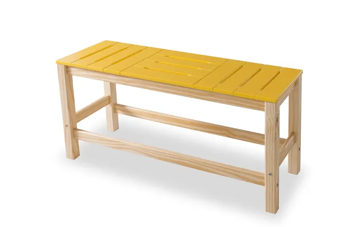 BANCO SEM ENCOSTO COLORIDO DE MADEIRA MACIÇA TAEDA OLGA 2 LUGARES VERNIZ NATURAL E AMARELO 96X32X45CM