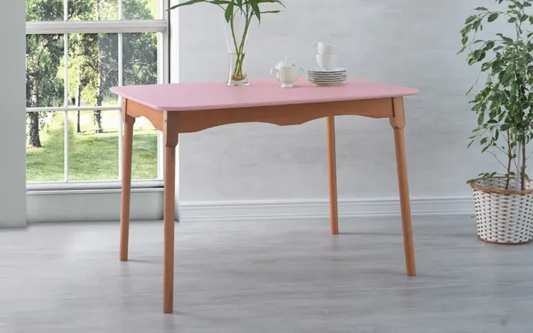MESA VINTAGE MADEIRA MACIÇA MIMO BASE VERNIZ JATOBÁ E TAMPO LACA ROSA BEBÊ 110X80X76CM