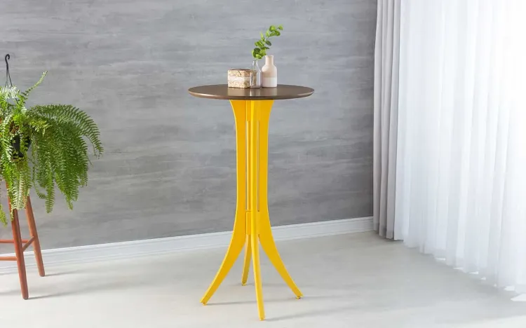 MESA BISTRÔ ALTA DE MADEIRA MACIÇA TAMPO REDONDO JULIETTE 60x60X107CM CAPUCCINO E AMARELO