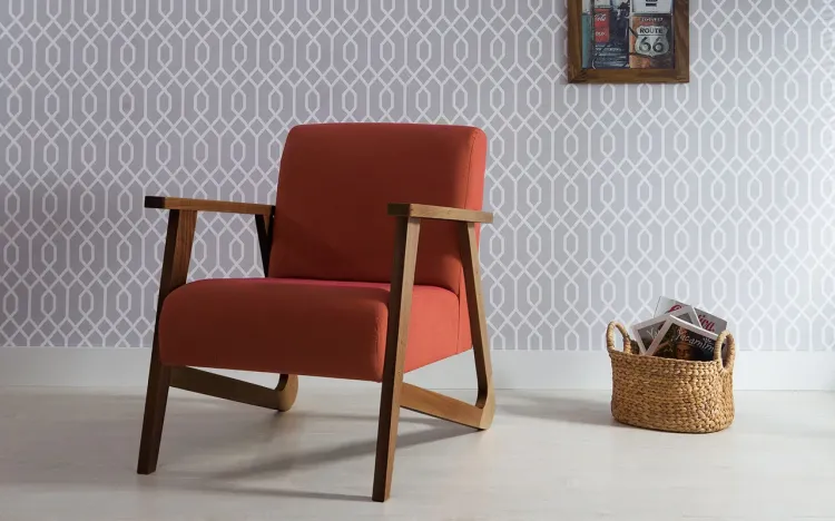 POLTRONA PARA QUARTO POLTRONA INDIVIDUAL DE MADEIRA ESTOFADA COR SALMÃO VERNIZ CAPUCCINO TEC.918 LIS 72X81X81 CM