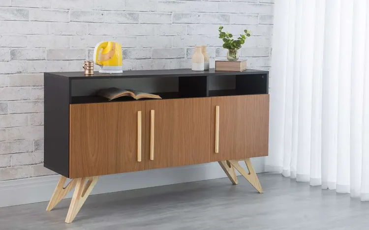 ARMÁRIO BUFFET PARA SALA DE JANTAR 3 PORTAS COM NICHO FREDDIE PRETO COM FREIJÓ E TAEDA 135x35x79 CM