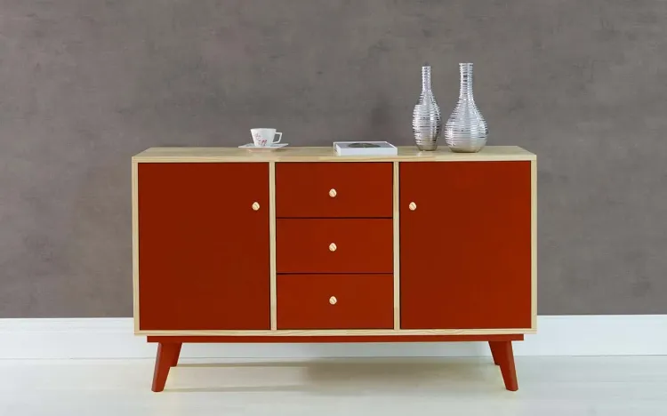 BUFFET PARA SALA DE JANTAR COM GAVETA E 2 PORTAS PUXADOR BOLINHA CELESTE - NATURAL E VERMELHO 133X40X79,5 CM