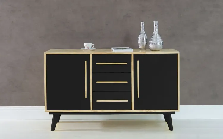 BALCÃO BUFFET COM GAVETA E 2 PORTAS CELESTE NATURAL E PRETO 133X40X79,5 CM
