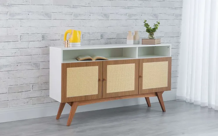 ARMÁRIO 3 PORTAS DE RATTAN COM NICHO DOLORES BRANCO COM FREIJÓ E JATOBÁ 135x35x79 CM
