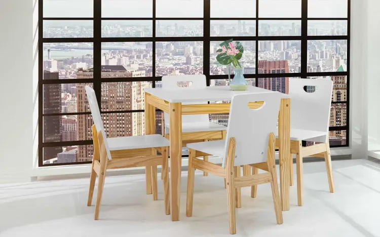 SALA DE JANTAR COM MESA E 4 CADEIRAS TUCUPI ACABAMENTO STAIN NATURAL E LACA BRANCO 80CM 