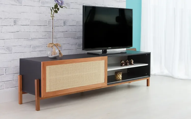 RACK PARA SALA PRETO MODERNO VINTAGE RETRÔ COM PORTA DE CORRER RATTAN ERIC 186x43,6x48,5 CM