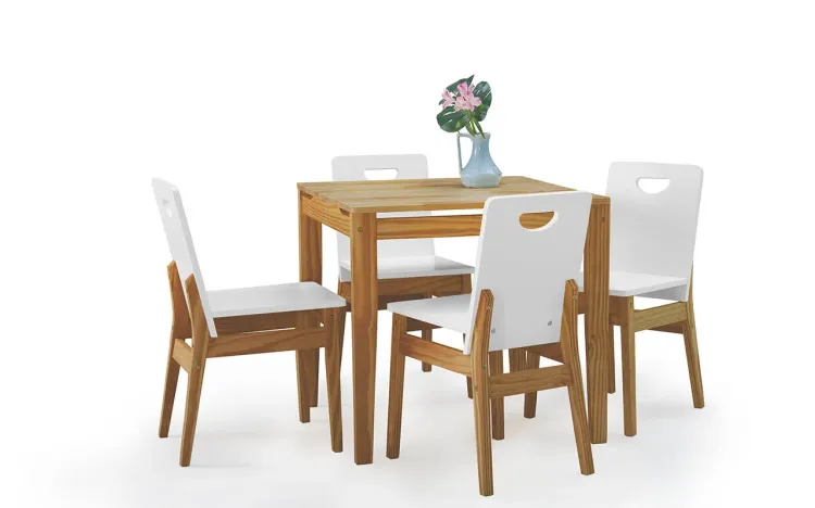 SALA DE JANTAR COM MESA E 4 CADEIRAS TUCUPI ACABAMENTO NOZES E LACA BRANCO 80CM
