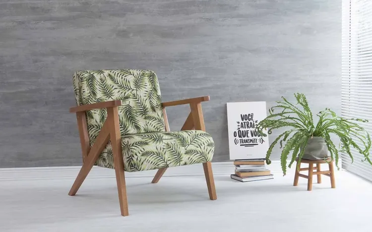 POLTRONA PARA QUARTO ANIS VERNIZ AMENDOA TEC.S1865 FOLHAS VERDES 72X76X85 CM