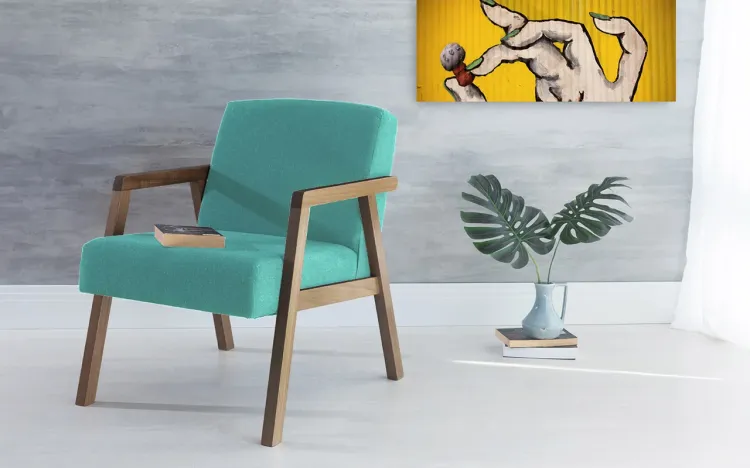 POLTRONA PARA SALA DE ESTAR COM BRAÇOS TURQUESA CHARLIE VERNIZ CAPUCCINO TEC.950 - 60x74x84 CM