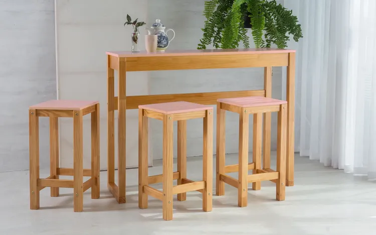 KIT BISTRÔ GOURMET DE MADEIRA TAEDA COM TAMPO MDF MACIÇO OLGA VERNIZ NÓZES E ROSA BEBÊ 120CM