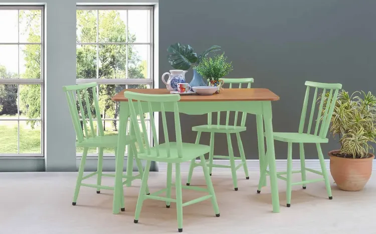MESA VINTAGE COM CADEIRAS MIMO 110CM VERNIZ JATOBÁ E LACA VERDE SÁLVIA