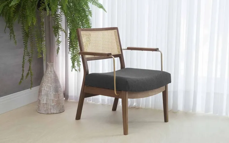 POLTRONA PARA RECEPÇÃO COM PALHINHA PRETA LAVANDA AÇO DOURADO VERNIZ CAPUCCINO TEC.999 PRETO 63,5X64X78 CM