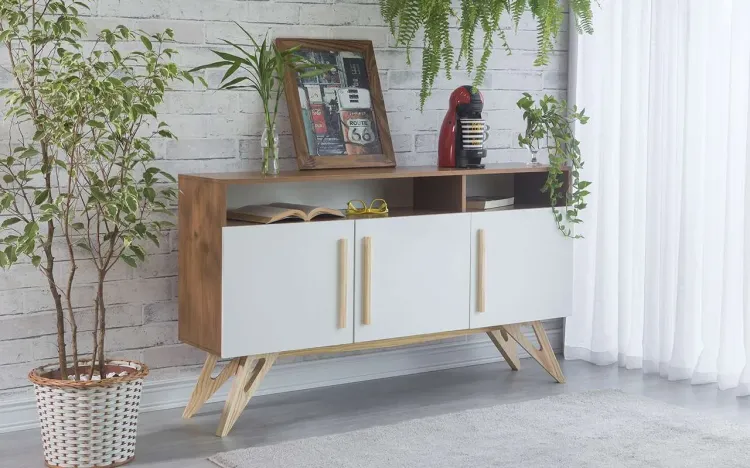 BUFFET PARA SALA DE JANTAR RETRÔ/VINTAGE MADEIRADO MDF 3 PORTAS BRANCAS COM NICHOS FREIJÓ FREDDIE 135x35x79 CM