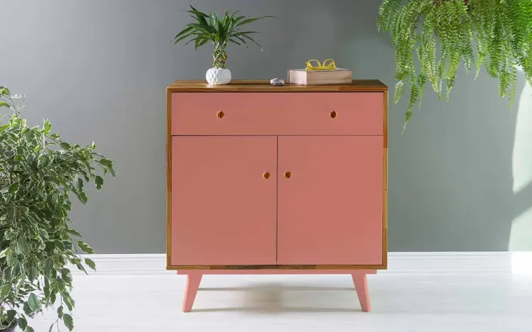 BALCÃO COM GAVETA E 2 PORTAS CELESTE PUXADOR BOLINHA NÓZES E ROSA CORAL 90X40X98 CM