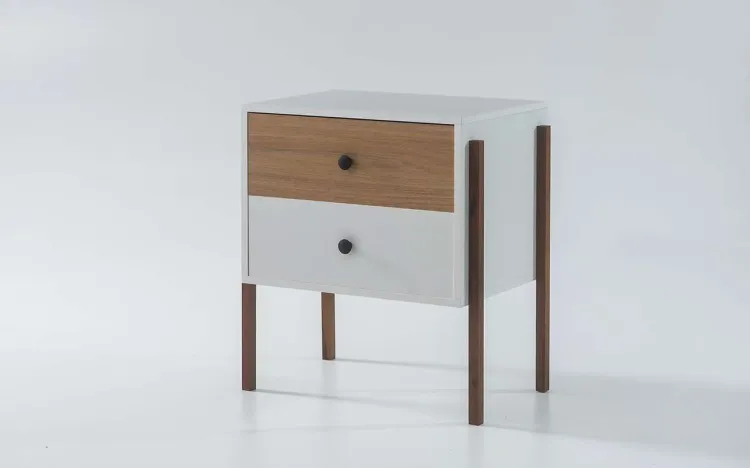 MESA DE CABECEIRA COM 2 GAVETAS NASH MDF BRANCO COM DUAL E PÉS IMBUIA 54X37X60 CM