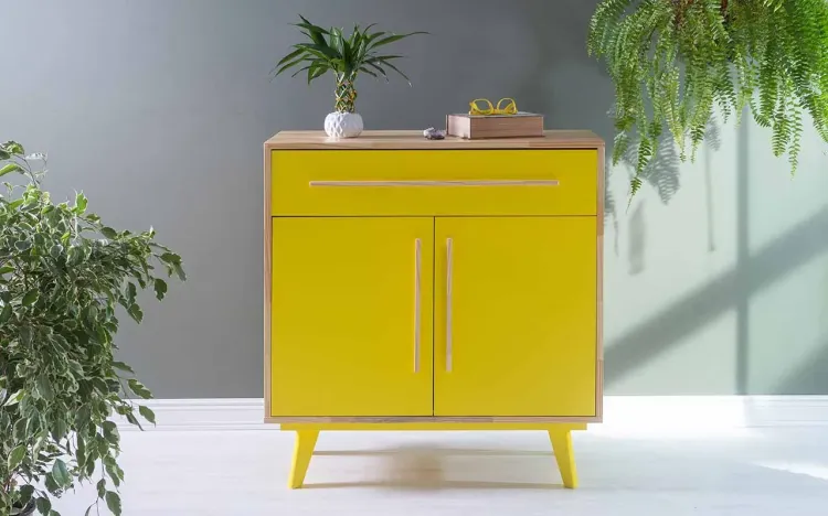 BALCÃO BUFFET PARA SALA DE JANTAR COM GAVETA E 2 PORTAS CELESTE NATURAL E AMARELO 90X40X98 CM