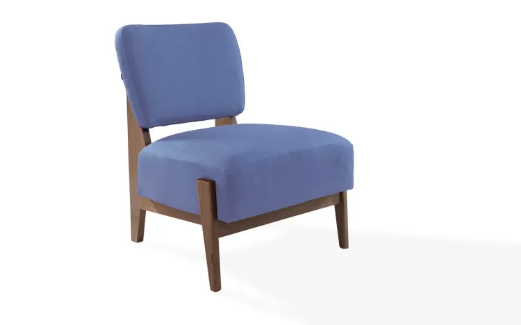 POLTRONA COLORIDA DE MADEIRA ESTOFADA ESTILO RETRÔ MODERNO SEM BRAÇOS AZUL CLARO SAMAMBAIA VERNIZ CAPUCCINO TEC.930 - 67x66x82 CM