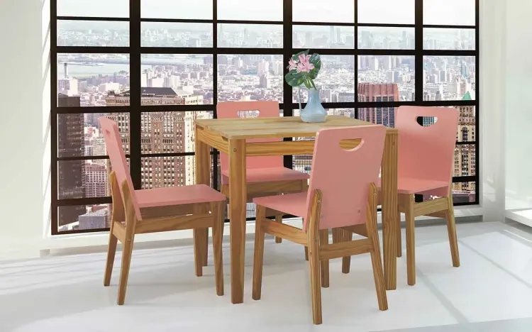 MESA DE JANTAR 4 LUGARES TUCUPI ACABAMENTO NÓZES E LACA ROSA CORAL 80CM 
