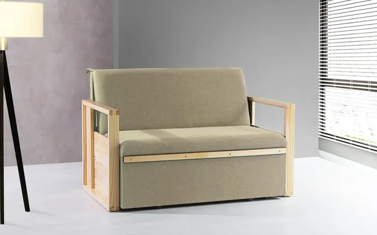 SOFÁ CAMA DE CASAL MADEIRA AKROPI - SOFÁ RETRÁTIL ESTOFADO VERNIZ NATURAL TECIDO BEGE - 128X90X85CM
