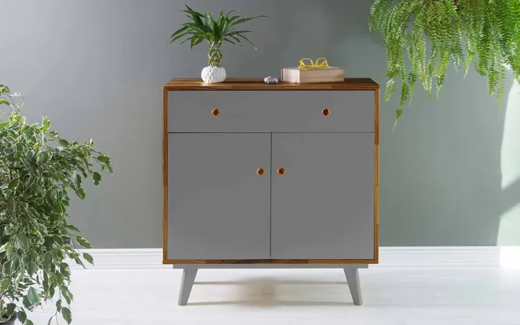 ARMÁRIO COM GAVETA E 2 PORTAS CELESTE PUXADOR BOLINHA CAPUCCINO E CINZA CONCRETO 90X40X98 CM