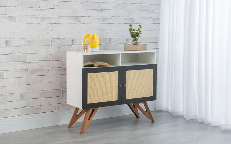 ARMÁRIO BUFFET 2 PORTAS DE PALHINHA COM NICHO FREDDIE BRANCO COM PRETO E JATOBÁ - 90x35x79 CM