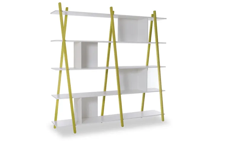 ESTANTE BRANCA 5 PRATELEIRAS PARA SALA COM PÉS DE MADEIRA COR AMARELA SUE 180X38X180 CM