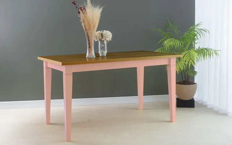 MESA JANTAR DE MADEIRA MACIÇA FRISO 140X80X75 CM TAMPO CAPUCCINO PÉS LACA ROSA BEBÊ