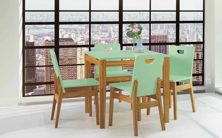 SALA DE JANTAR COM MESA E 4 CADEIRAS TUCUPI 80CM ACABAMENTO STAIN NÓZES E VERDE SÁLVIA