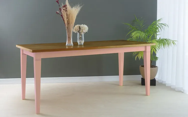 MESA PARA SALA DE JANTAR RETANGULAR FRISO 180X80X75 CM TAMPO CAPUCCINO PÉS LACA ROSA BEBÊ