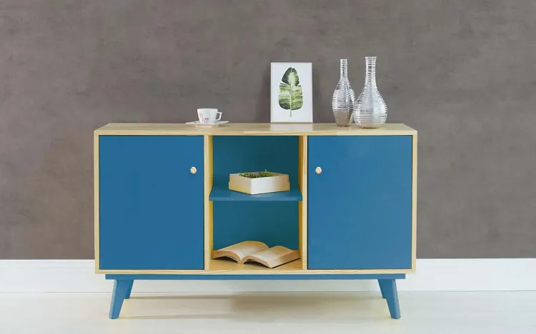 BUFFET PARA SALA DE JANTAR COM PRATELEIRA E 2 PORTAS PUXADOR BOLINHA CELESTE  - NATURAL E AZUL 133X40X79,5 CM