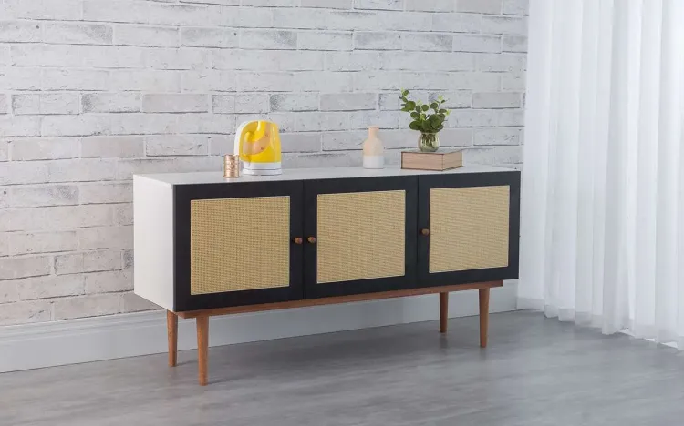 ARMÁRIO BUFFET 3 PORTAS COM PALHINHA CHARLIE BRANCO COM PRETO E JATOBÁ 135x35x64,7 CM