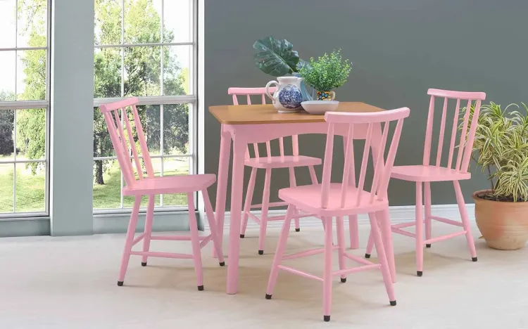 MESA COM 4 CADEIRAS DE JANTAR MIMO 80CM VERNIZ JATOBÁ E LACA ROSA BEBÊ