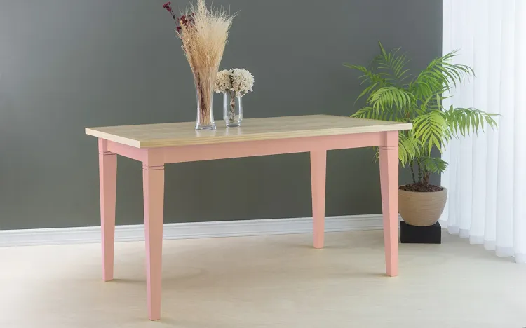 MESA ROBUSTA DE MADEIRA FRISO 140X80X75 CM TAMPO NATURAL PÉS LACA ROSA BEBÊ