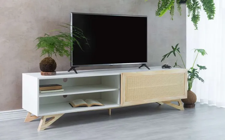 RACK PARA SALA DE TV PORTA DE CORRER FREDDIE 1800 MDF BRANCO TAEDA E RATTAN 180x43,6x48,5 CM