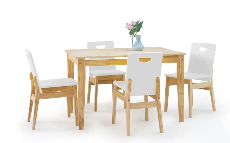 SALA DE JANTAR COM MESA E 4 CADEIRAS TUCUPI ACABAMENTO NATURAL E LACA BRANCO 120CM