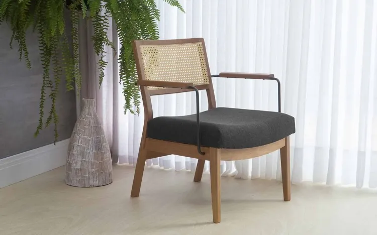 POLTRONA PARA RECEPÇÃO COM PALHINHA PRETA LAVANDA AÇO PRETO VERNIZ AMENDOA TEC.999 PRETO 63,5X64X78 CM